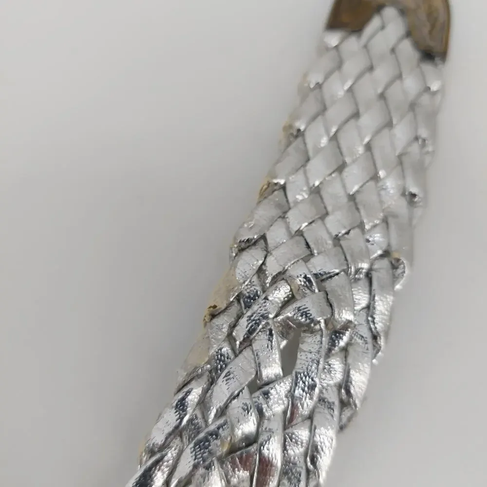 Vintage Womens Small Medium Silver Metallic Braided Belt Disco Festival